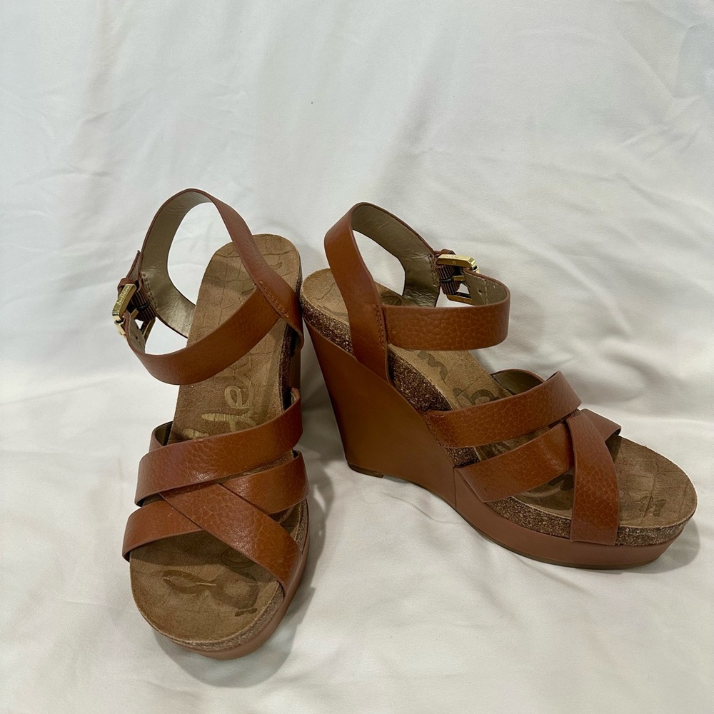 Sam Edelman Brown Leather Wedge Sandals with Crisscross Straps